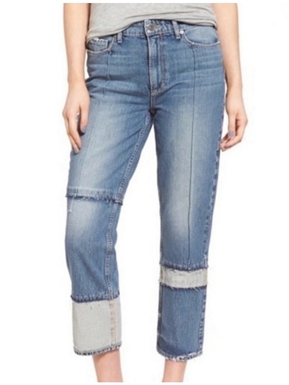 Paige High Rise Sarah Straight Jeans blue denim distressed ravine cropped